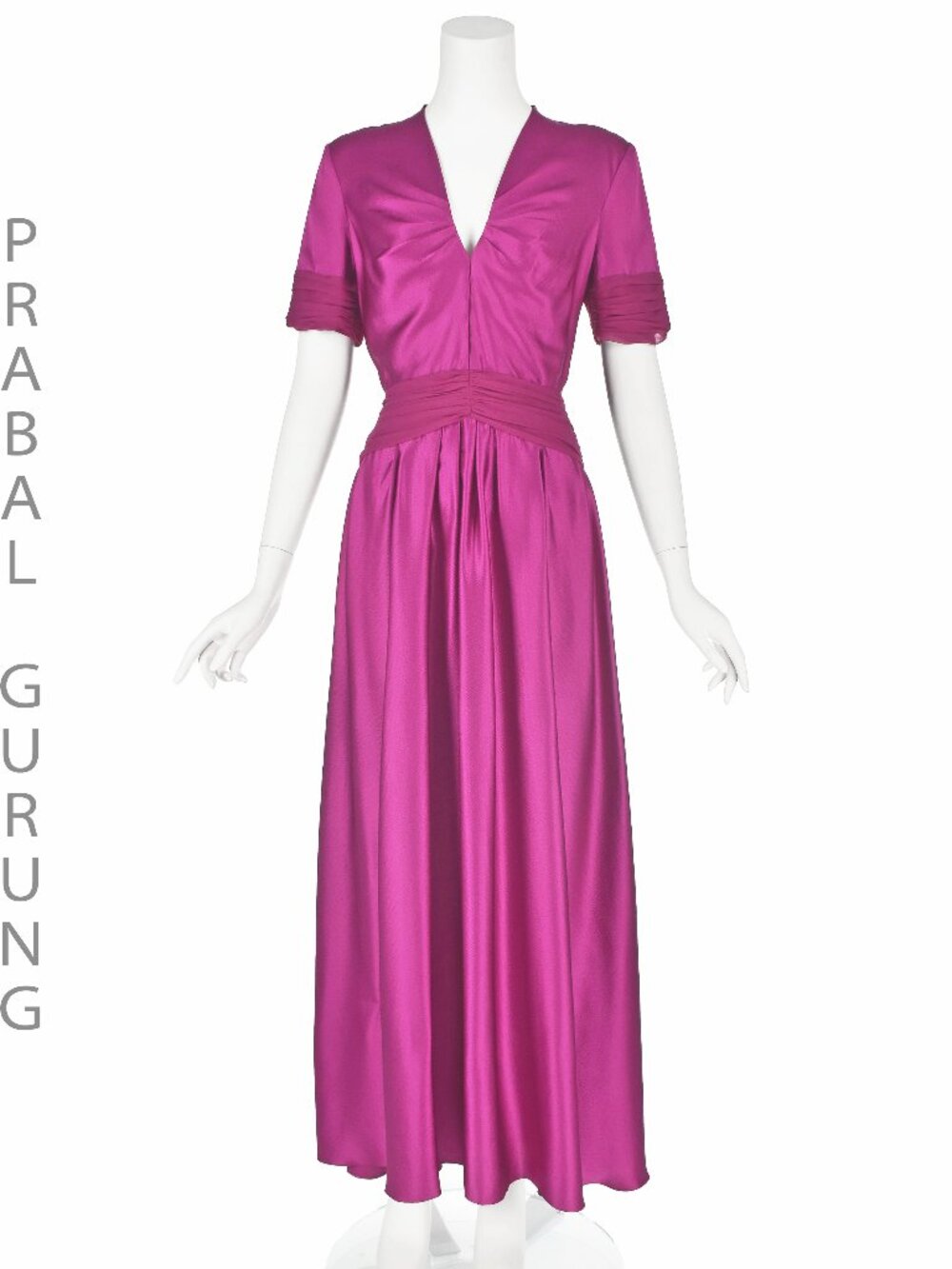 PRABAL GURUNG c. 2011 Magenta Hammered Silk Maxi Dress with silk Crepe Trim SZ 8
